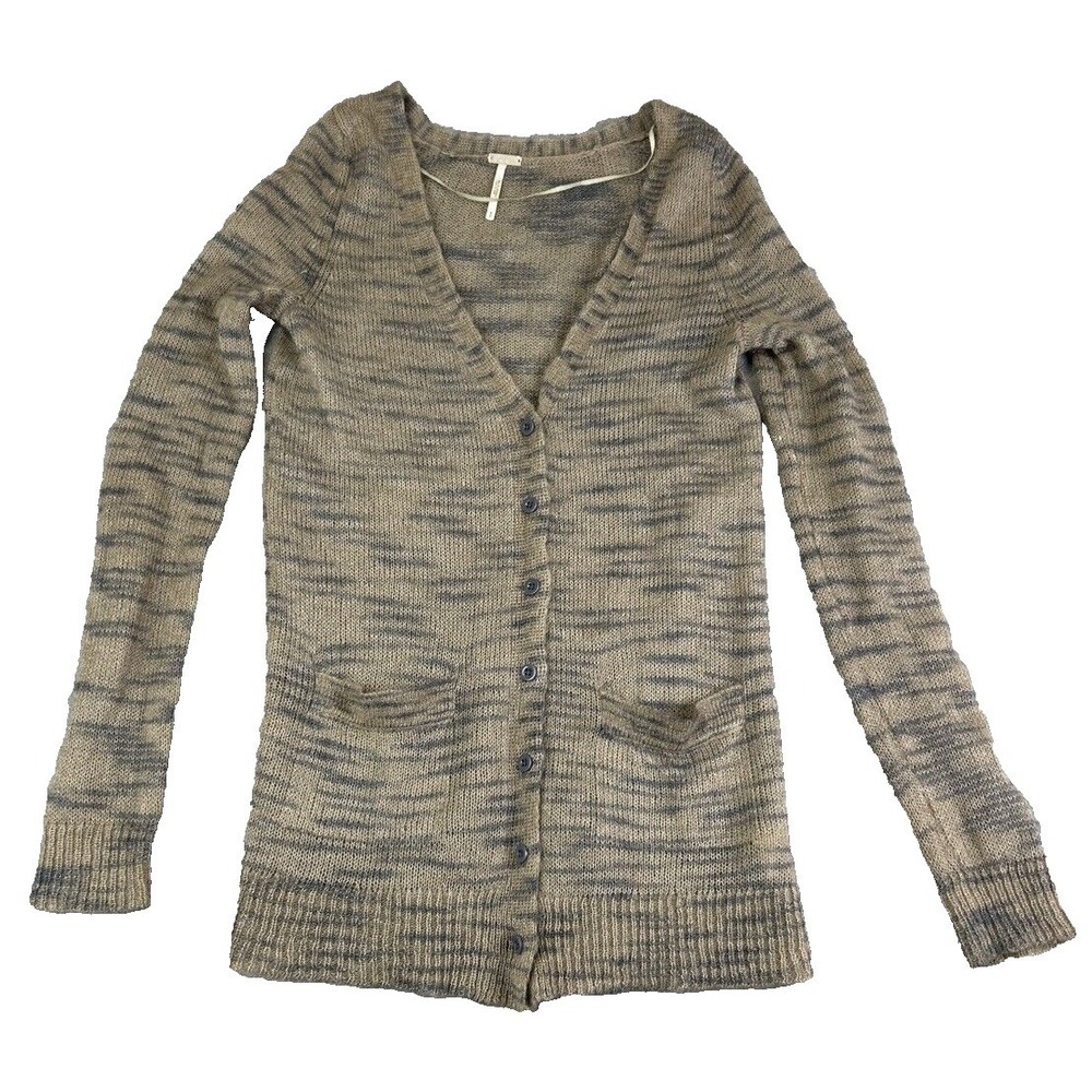 Free People Beach Small Brown Gray Sweater Mohair Blend Knit Button Cardigan - Picture 2 of 9